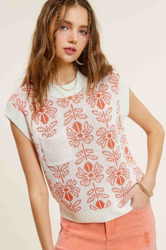 Flower Pattern Sleeveless Sweater Top - La Miel