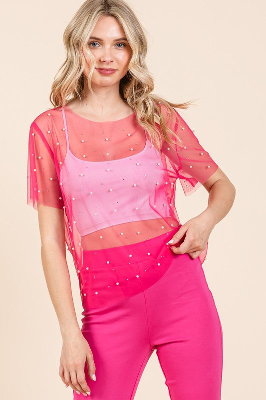 Rhinestone & Pearl Mesh Top - GeeGee