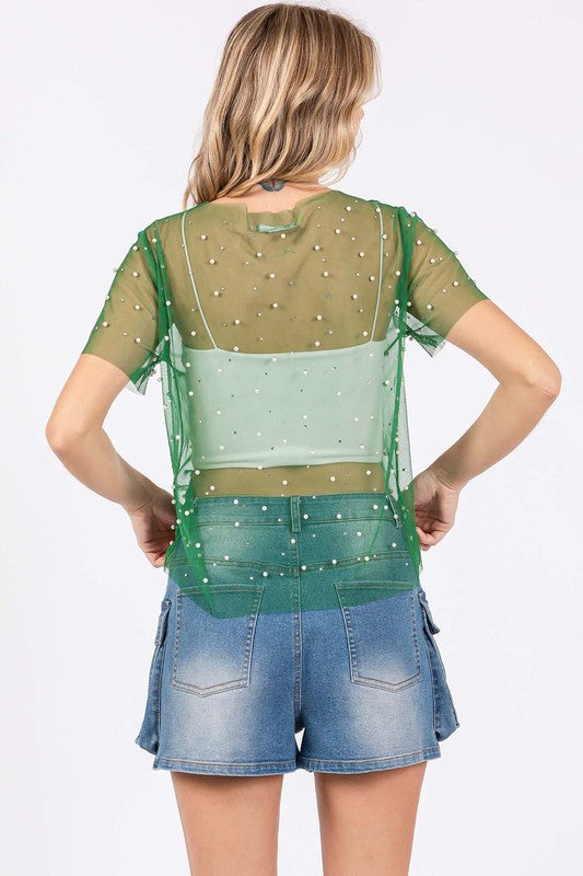 Rhinestone & Pearl Mesh Top - GeeGee