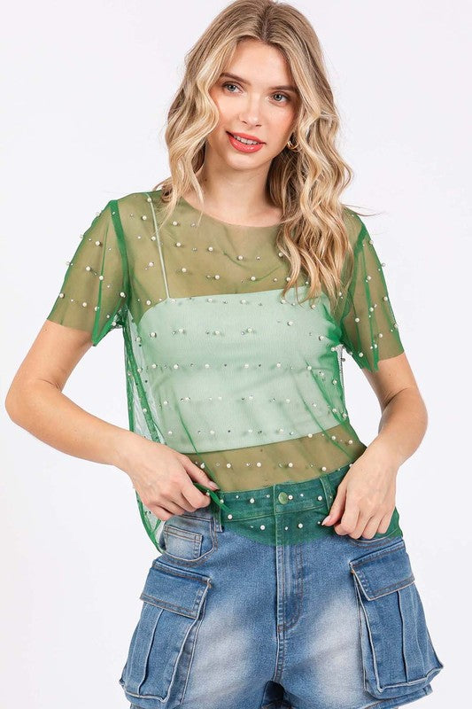 Rhinestone & Pearl Mesh Top - GeeGee