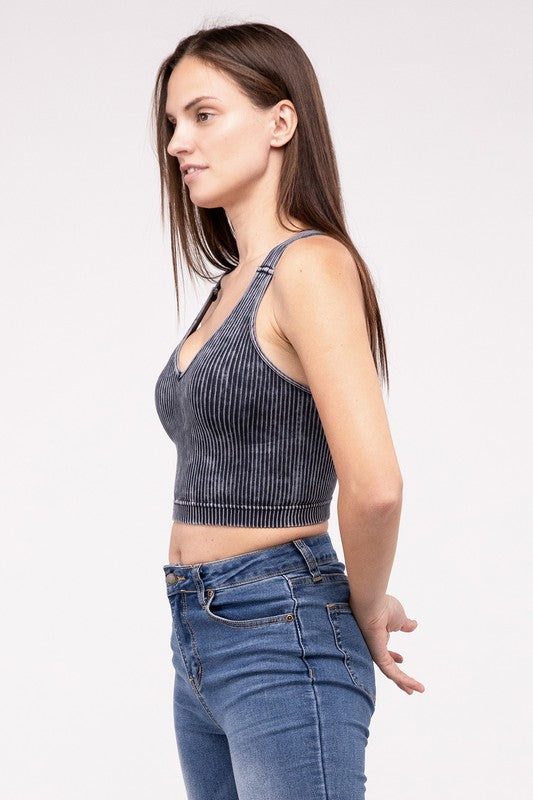 Washed Ribbed Cropped V-Neck Tank Top - Zenana