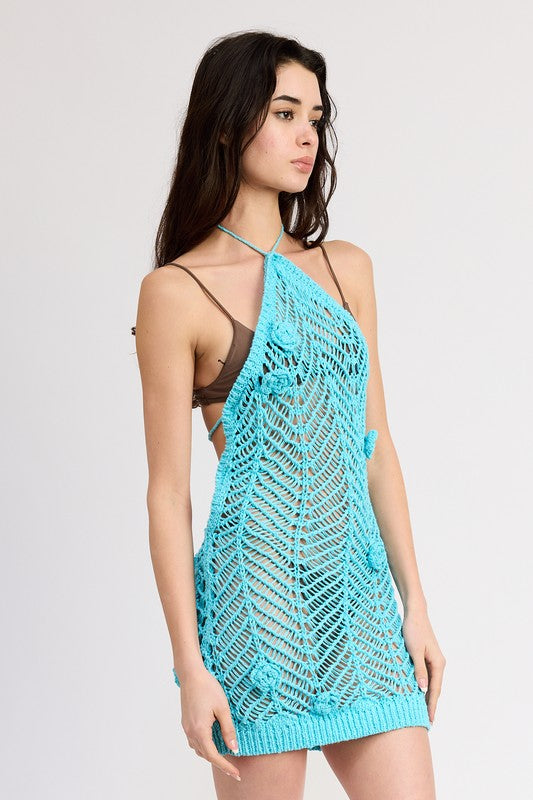 Halter Neck Crochet Dress With Flower Detail - Emory Park