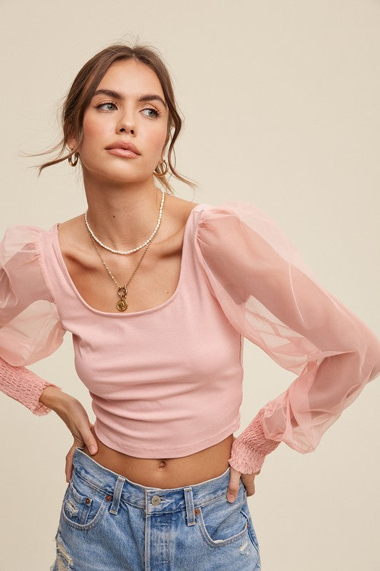 Square Neck Mesh Puff Sleeve Knit Top - Listicle