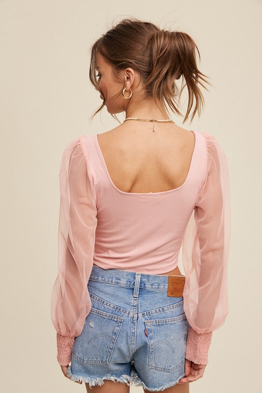 Square Neck Mesh Puff Sleeve Knit Top - Listicle