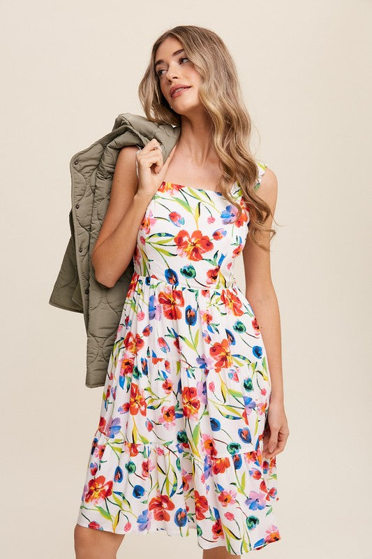 Flower Print Square Neck Dress - Listicle