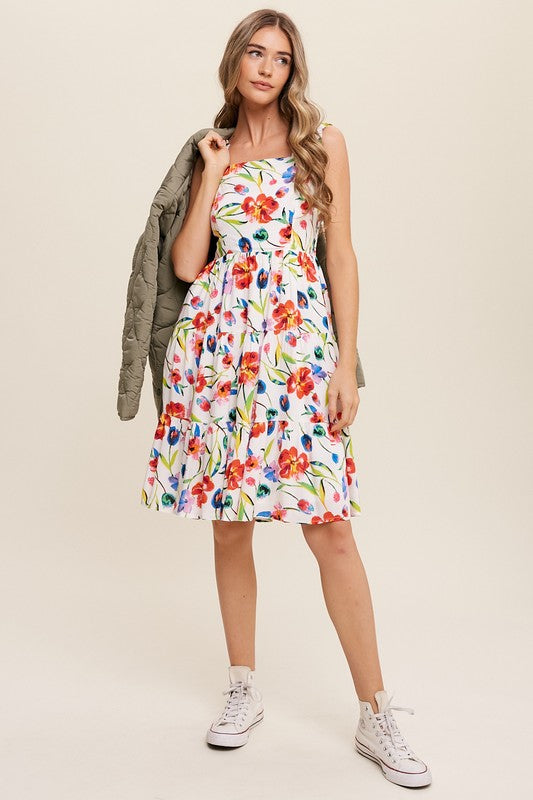 Flower Print Square Neck Dress - Listicle