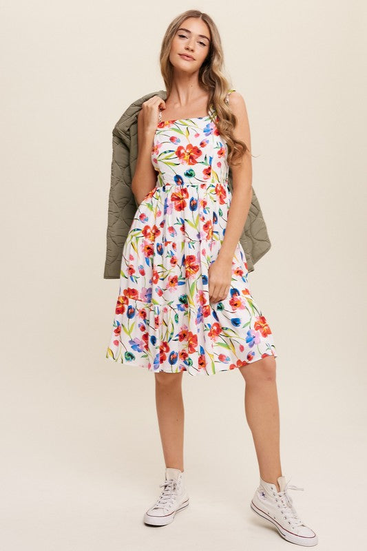 Flower Print Square Neck Dress - Listicle