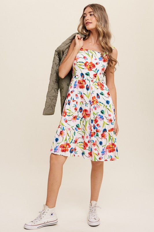 Flower Print Square Neck Dress - Listicle