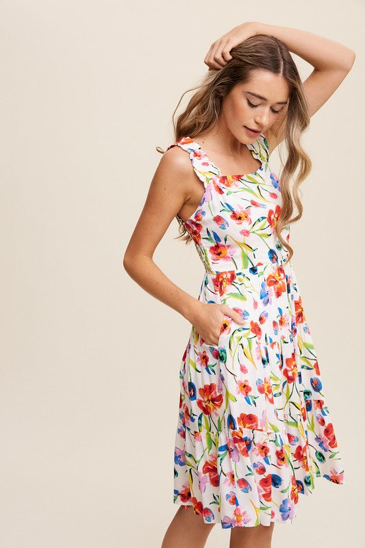 Flower Print Square Neck Dress - Listicle