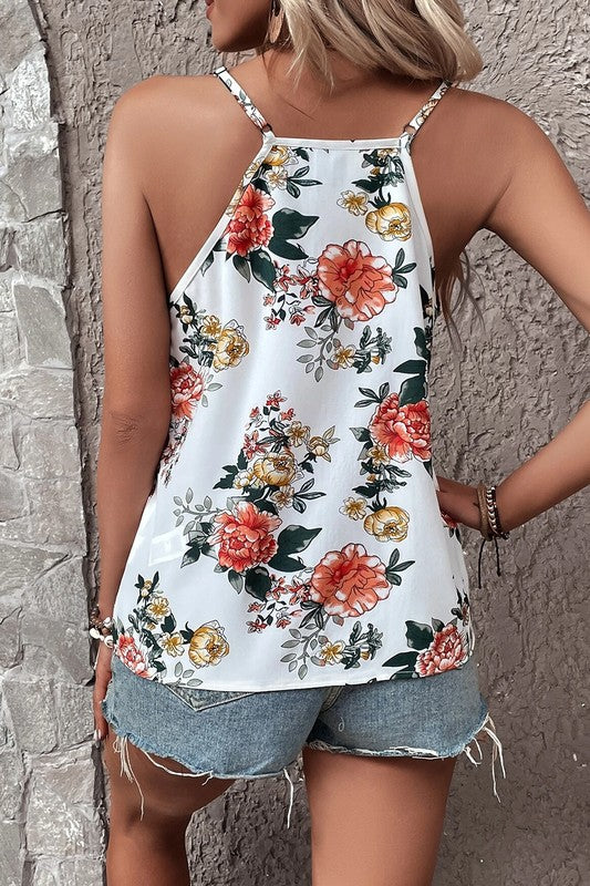 Floral Print Lace V Neck Tank Top - Shewin