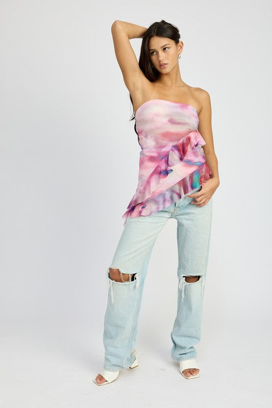 Emory Park Asymmetrical Ruffle Hem Tube Top