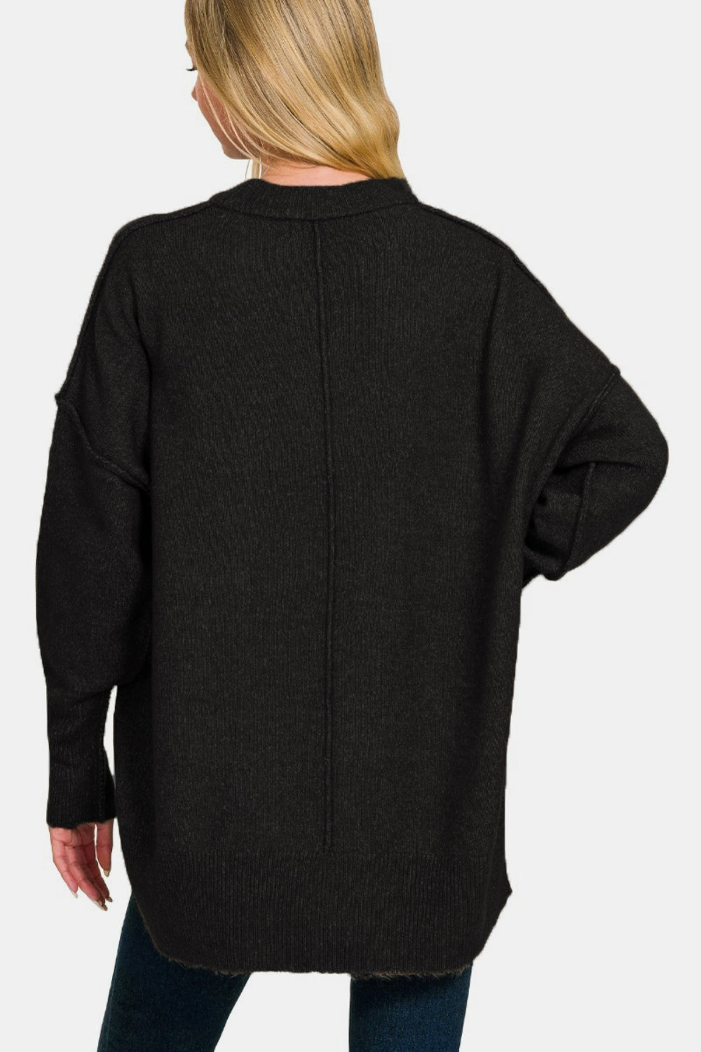 Zenana High-Low Hem Drop Shoulder Sweater - Black