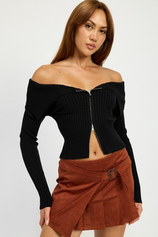 Zip Front Bardot Shoulder Top - Emory Park