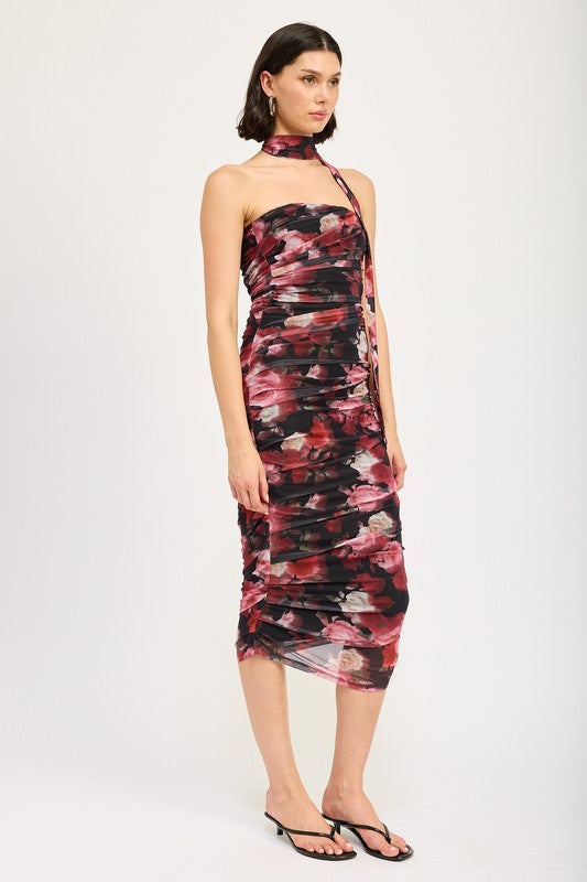 Shirred Floral Mini Dress With Scarf - Emory Park