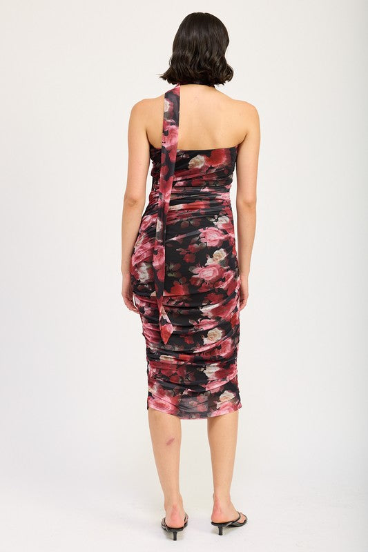 Shirred Floral Mini Dress With Scarf - Emory Park