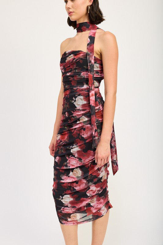 Shirred Floral Mini Dress With Scarf - Emory Park