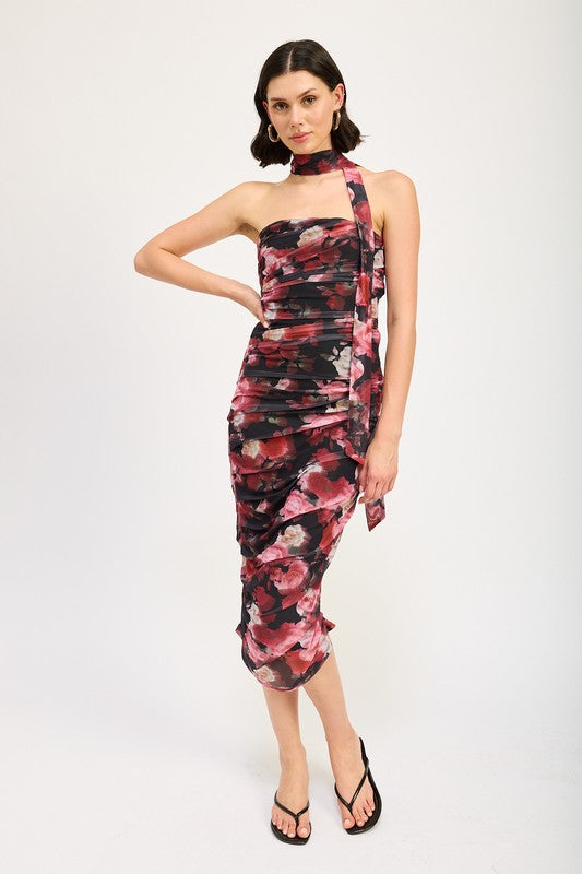 Shirred Floral Mini Dress With Scarf - Emory Park