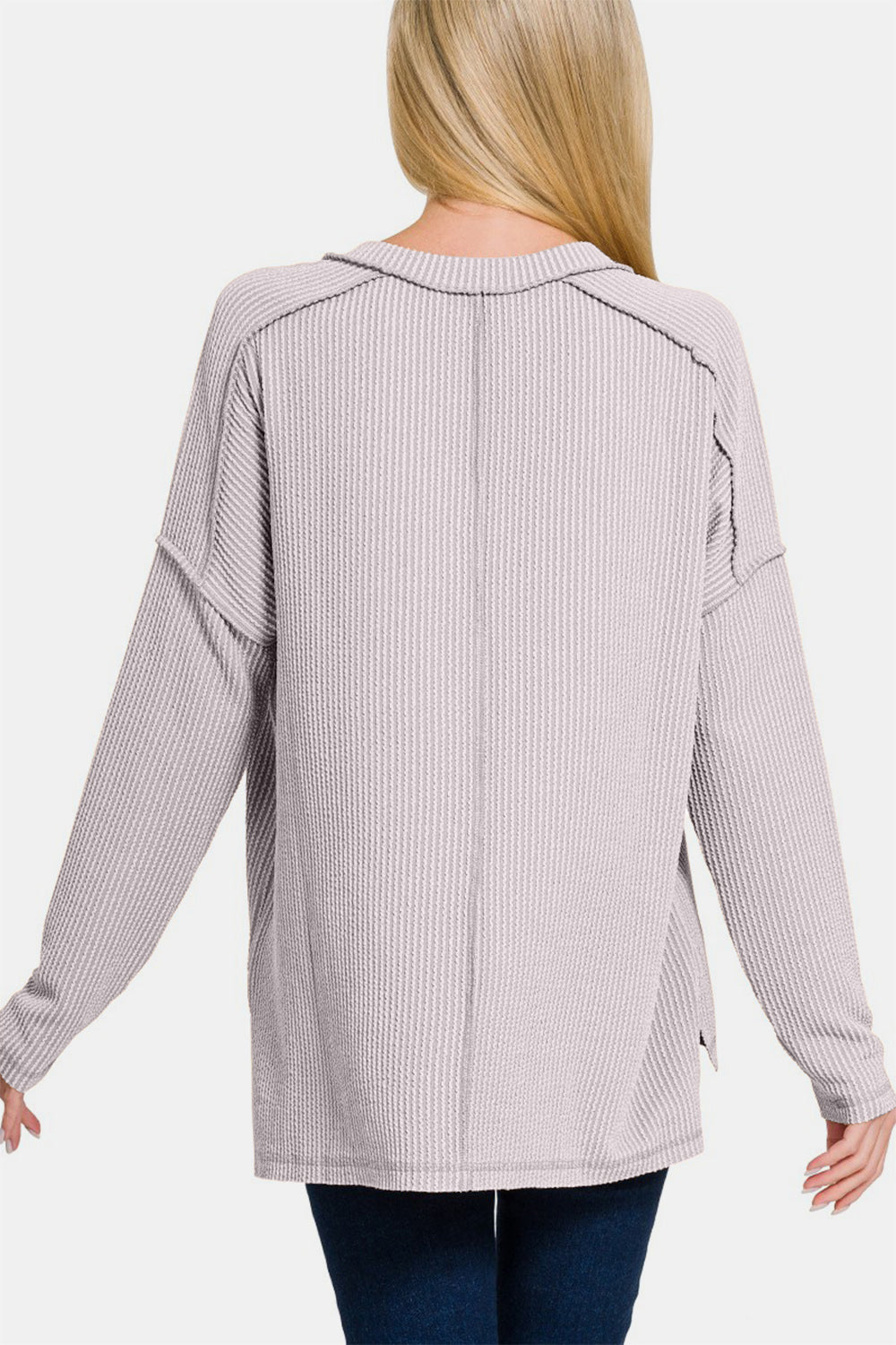 Zenana Texture Exposed Seam V-Neck Long Sleeve T-Shirt - Light Gray