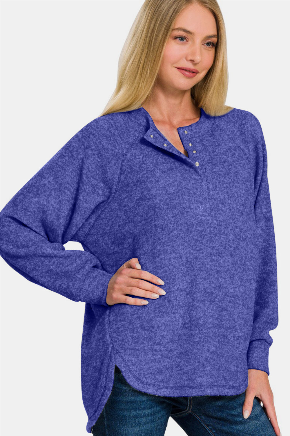 Zenana Full Size Brushed Melange Hacci High-Low Sweater - Bright Blue