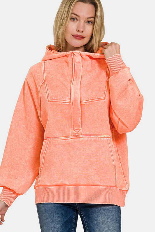 Zenana Acid Wash Fleece Kangaroo Hoodie - Coral