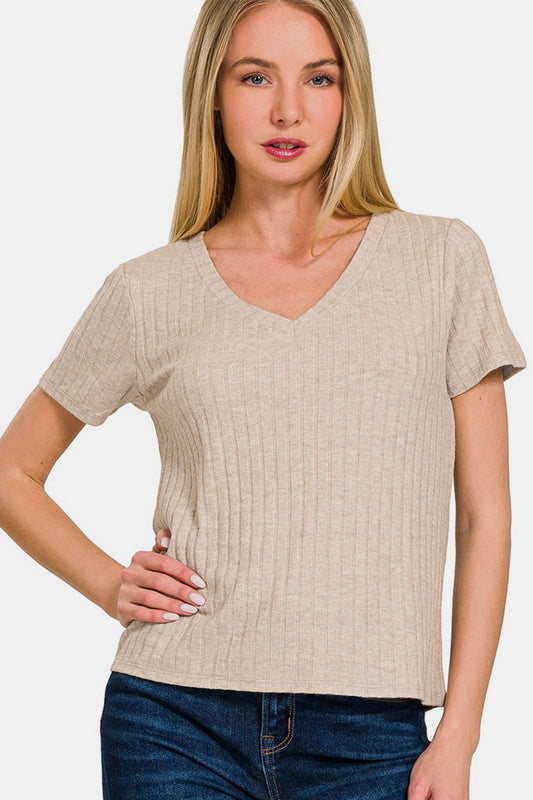 Zenana Ribbed Short Sleeve T-Shirt - Ash Mocha