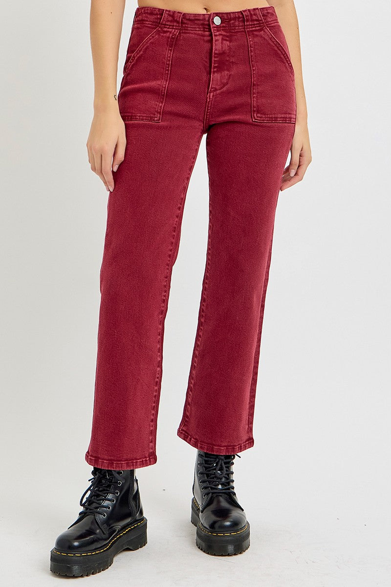 RISEN Full Size High Rise Straight Jeans with Patch Pockets - Wine