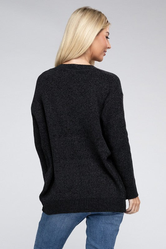 Melange Open Front Sweater Cardigan - Zenana
