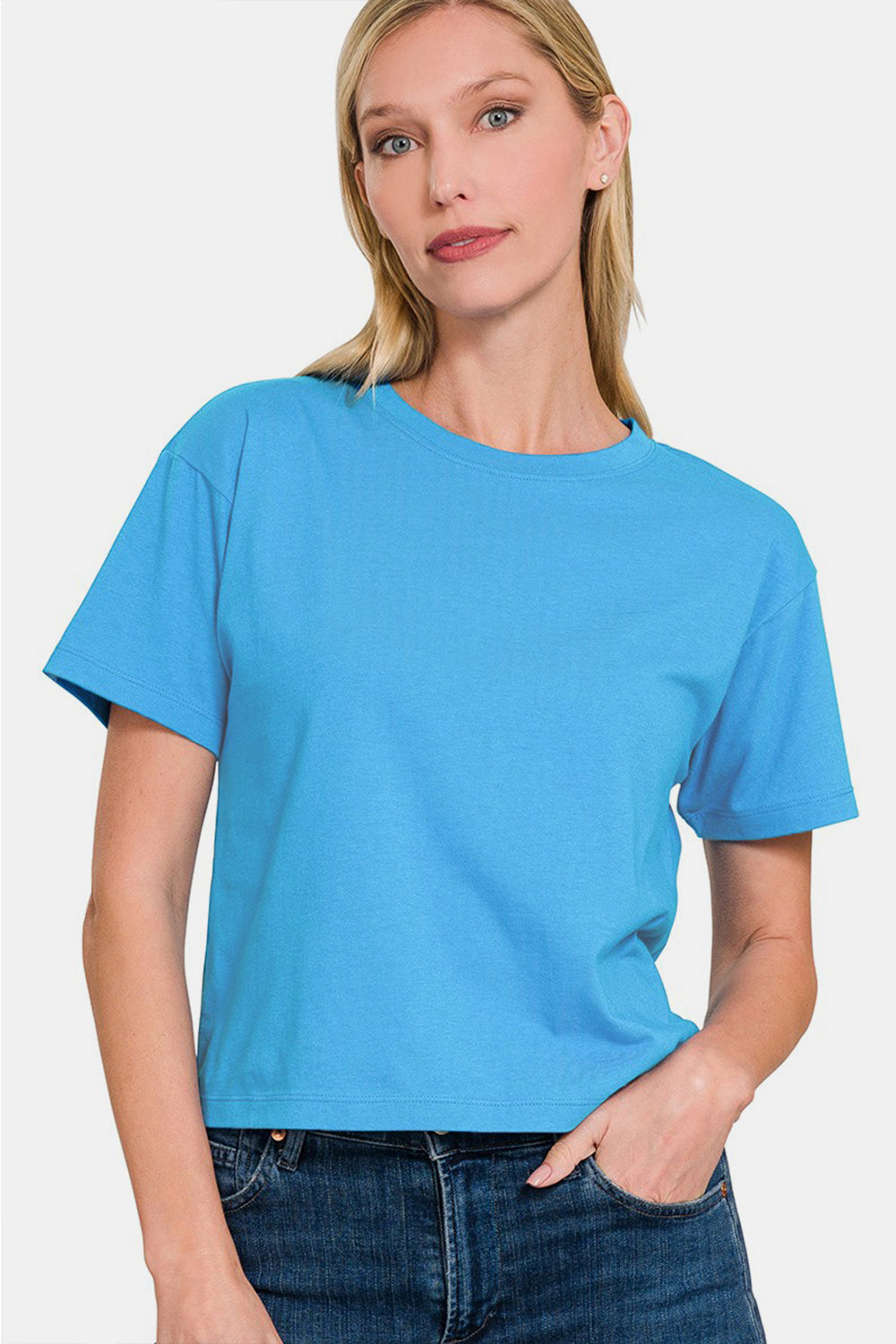 Zenana Round Neck Short Sleeve Cropped T-Shirt - Deep Sky