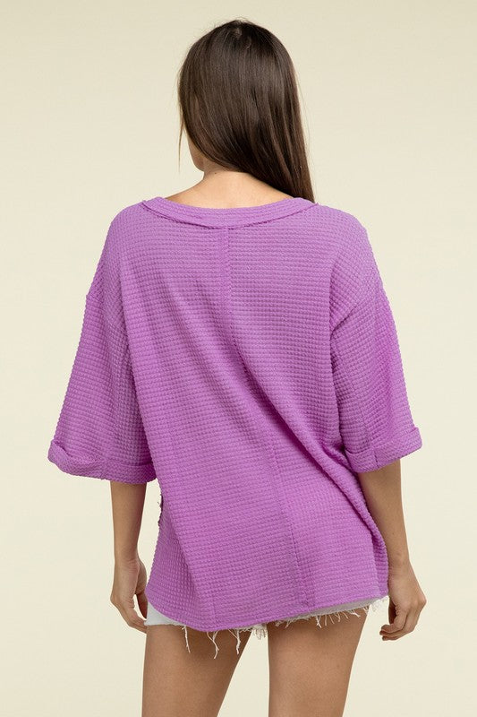 Brushed Waffle Exposed-Seam 3/4 Sleeve Top - Zenana