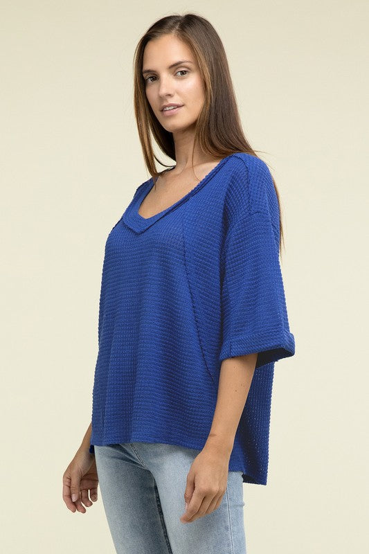 Brushed Waffle Exposed-Seam 3/4 Sleeve Top - Zenana