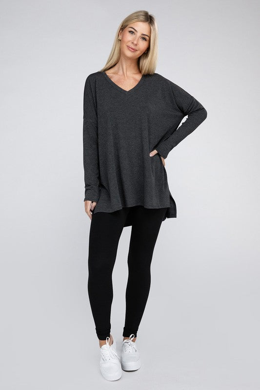 Dolman Long Sleeve V-Neck Side Slit Hi-Low Hem Top - Zenana