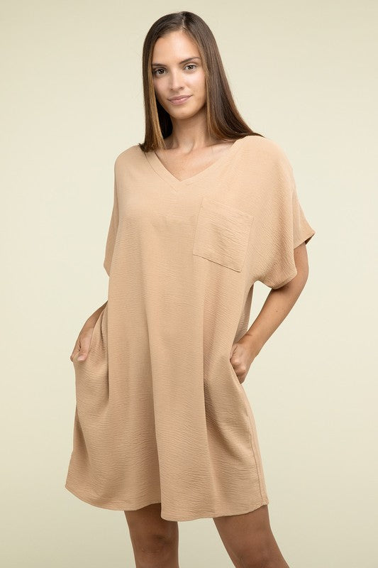 Woven Airflow V Neck T-Shirt Dress with Pockets - Zenana