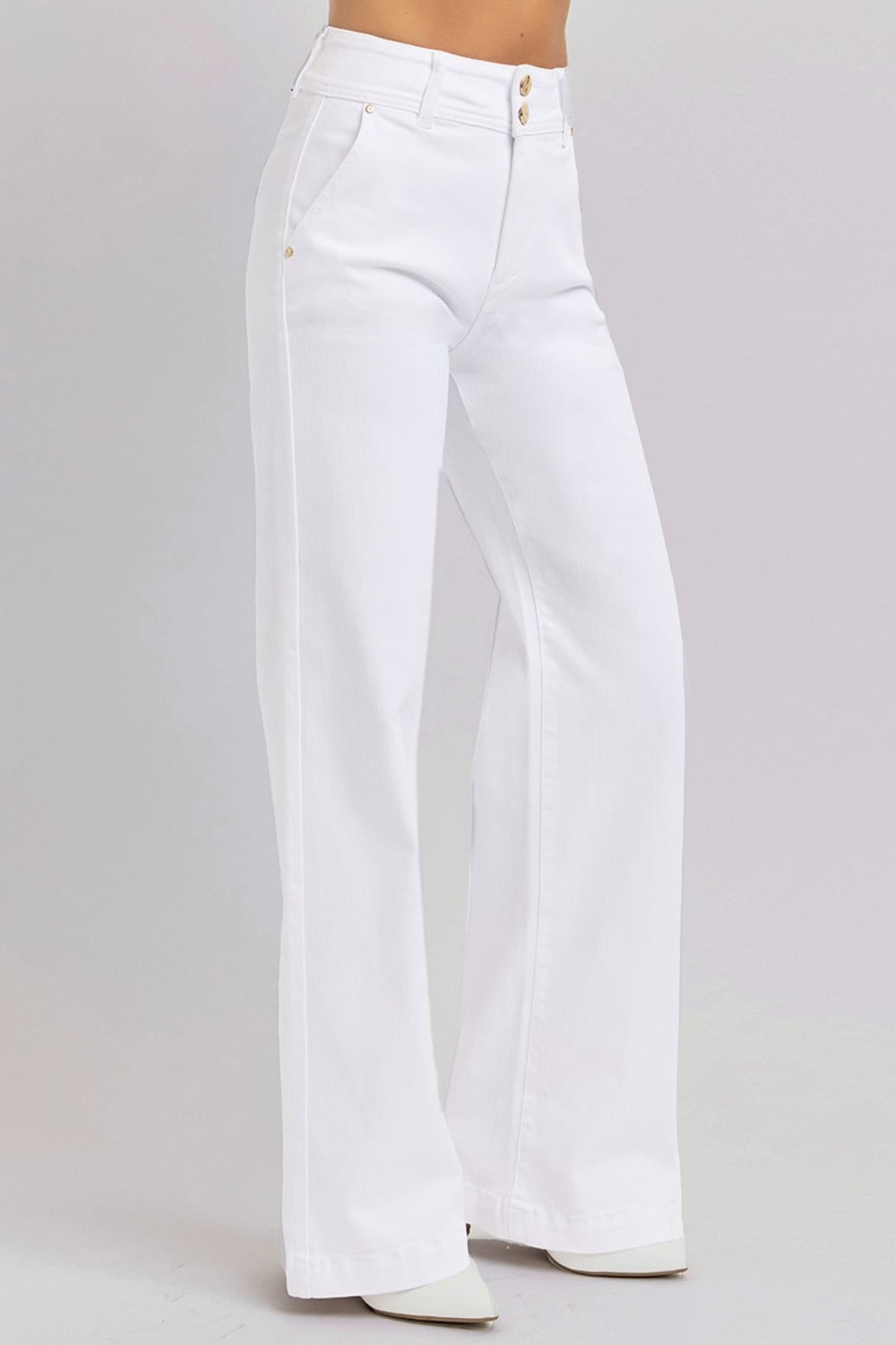 RISEN Full Size Tummy Control Double Button Wide Leg Jeans - White