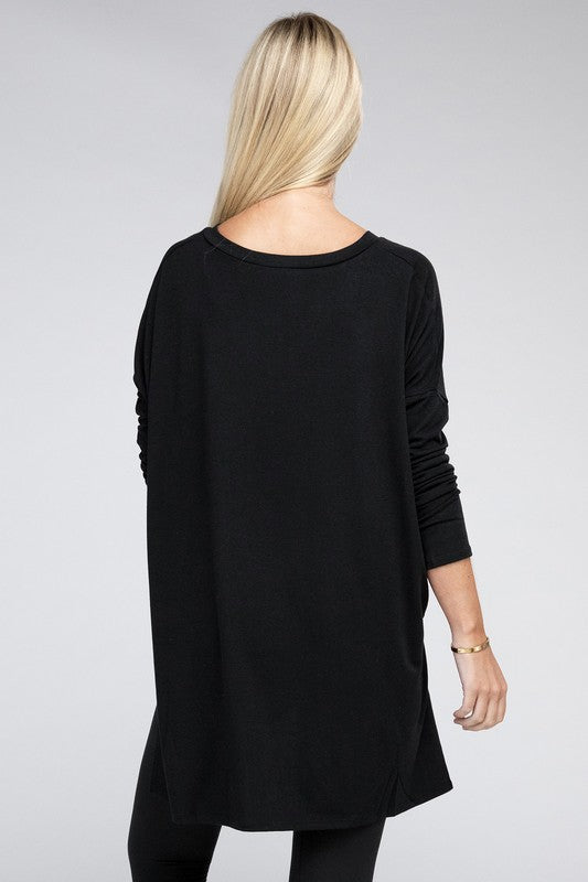 Dolman Long Sleeve V-Neck Side Slit Hi-Low Hem Top - Zenana