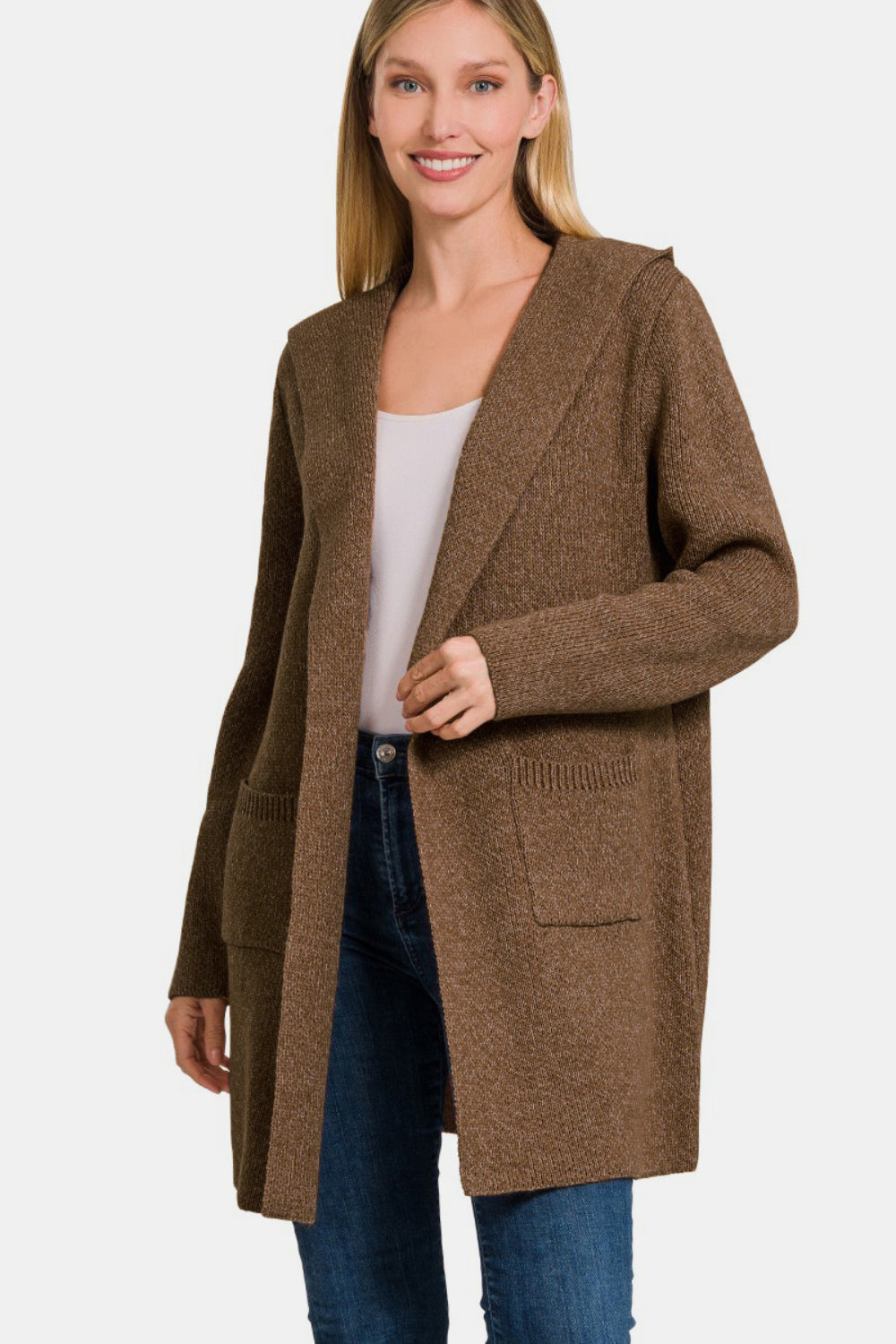 Zenana Hooded Open Front Sweater Cardigan - Brown