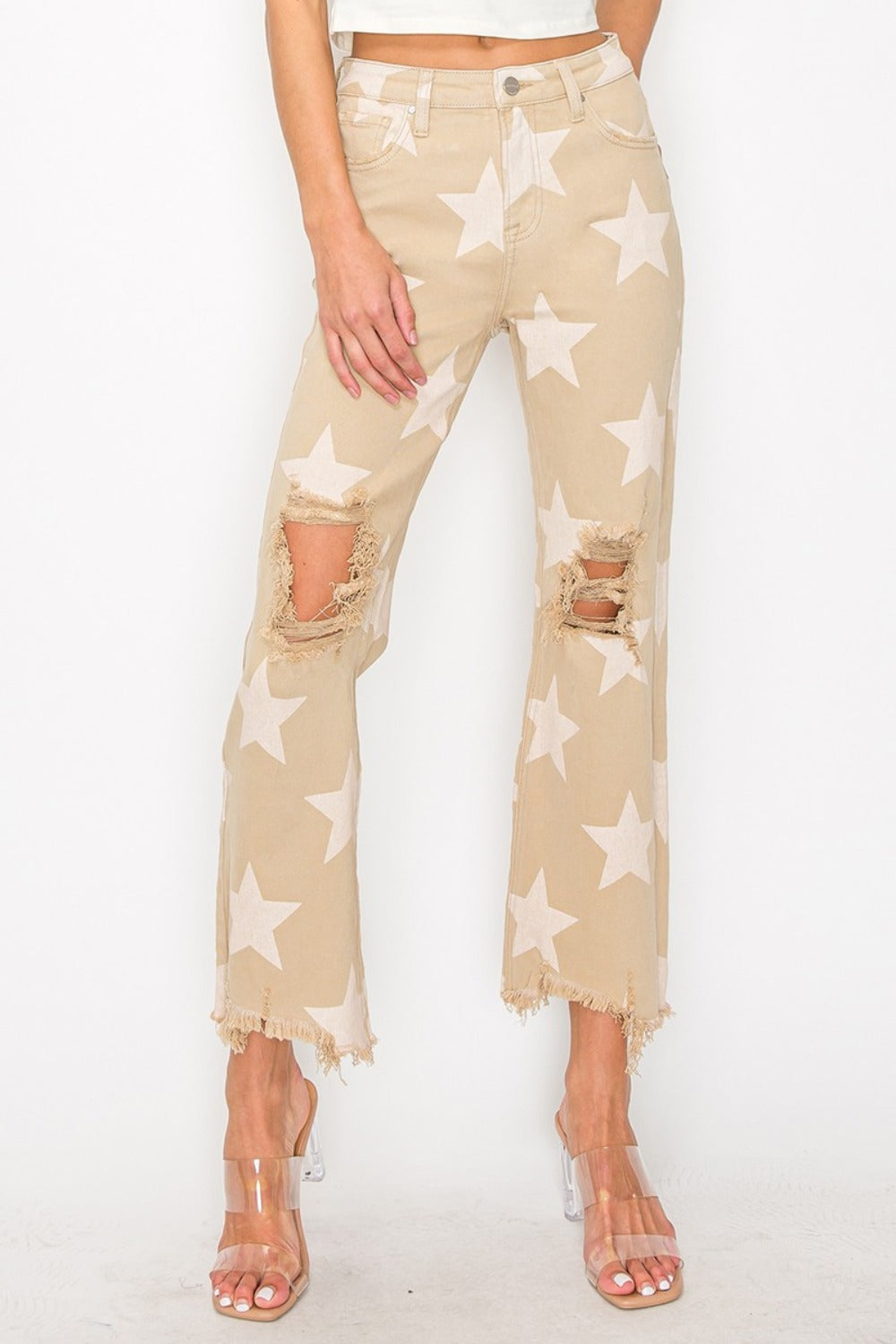 RISEN Full Size High Rise Star Printed Frayed Hem Jeans - Khaki