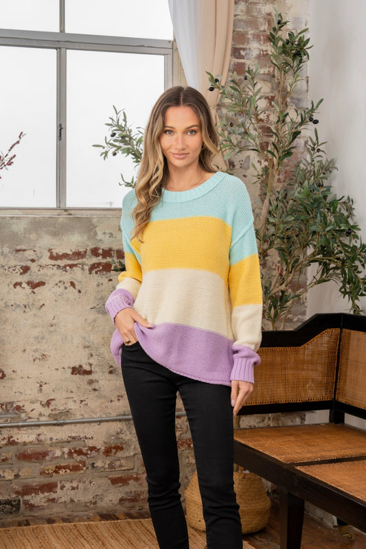 Sew In Love Full Size Color Block Exposed Seam Sweater