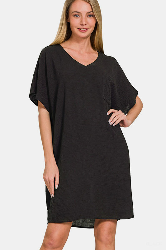 Zenana V-Neck Tee Dress with Pockets - Black