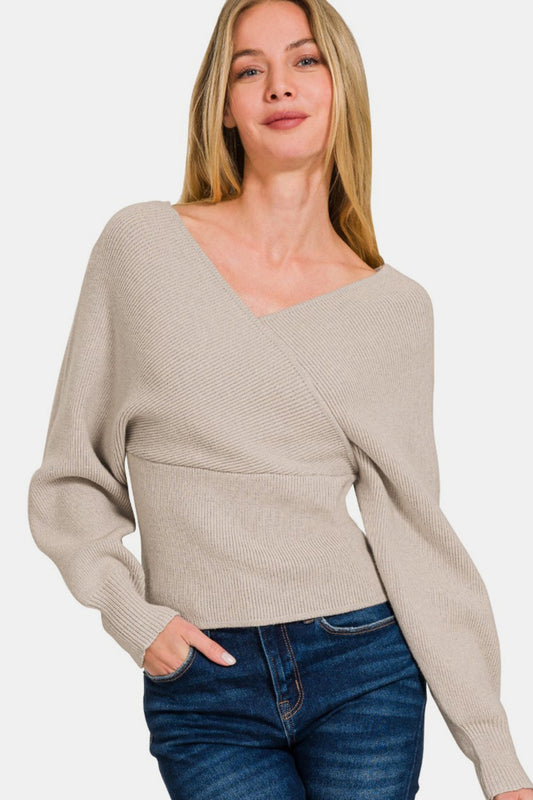 Zenana Cross Wrap Rib Long Sleeve Sweater - Mocha