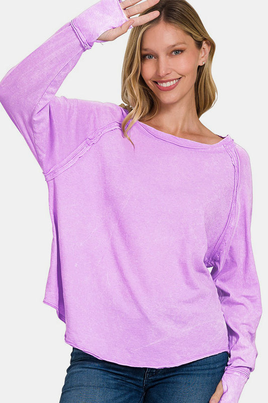 Zenana Round Neck Thumbhole Long Sleeve T-Shirt - Lavender