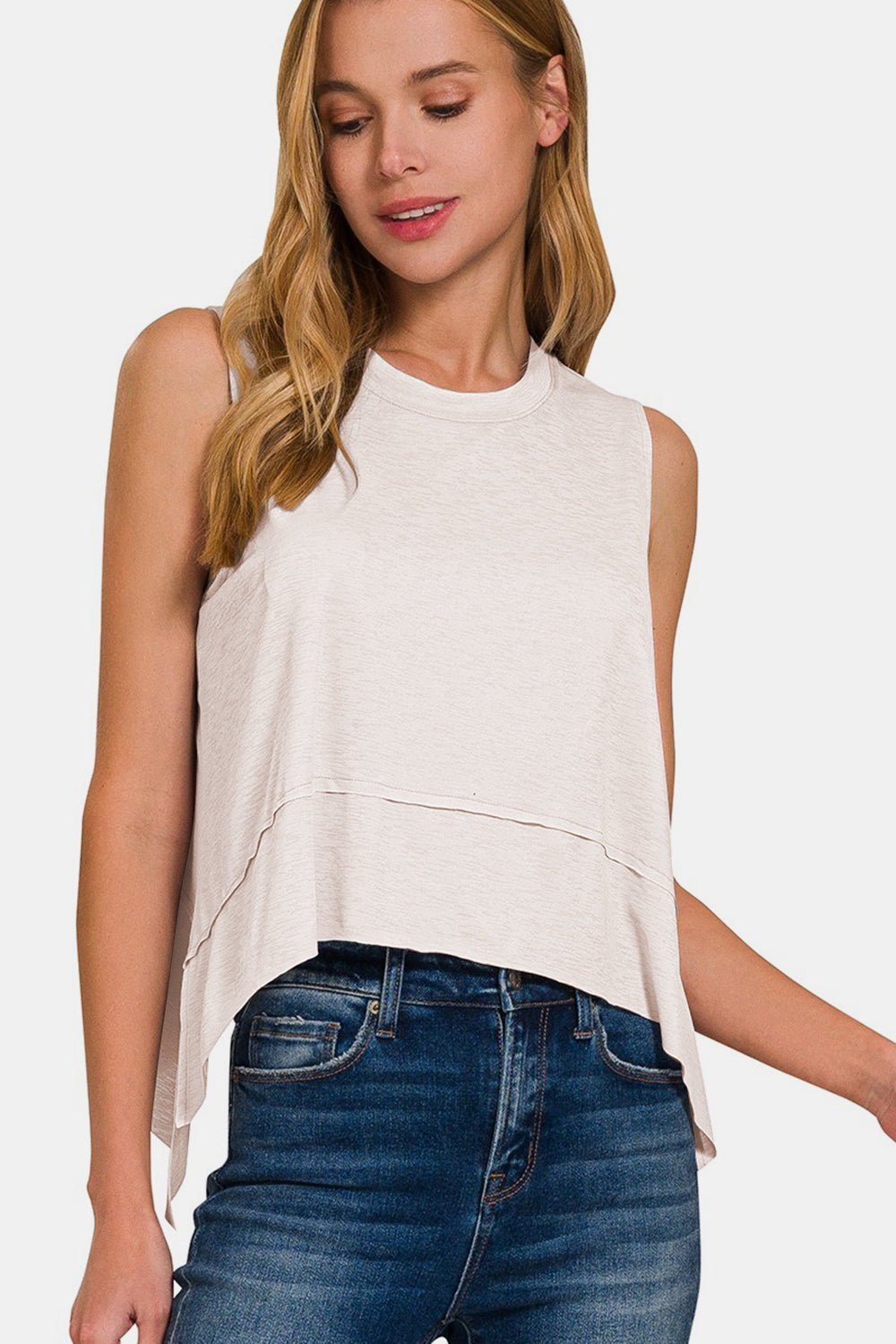 Zenana Slit High-Low Round Neck Tank - Ivory