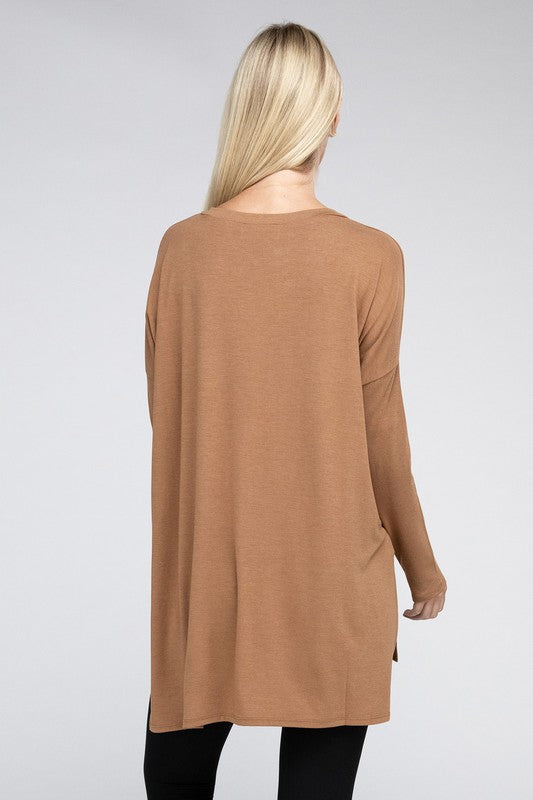 Dolman Long Sleeve V-Neck Side Slit Hi-Low Hem Top - Zenana