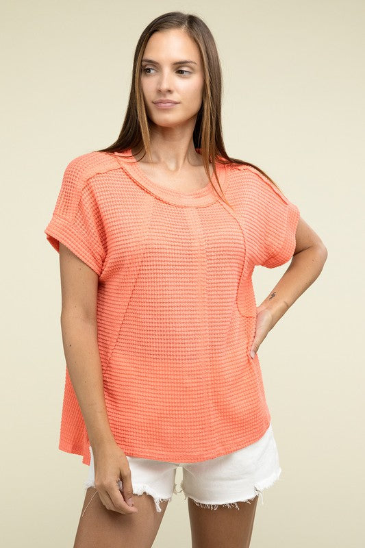 Brushed Waffle Exposed-Seam Short Sleeve Top - Zenana