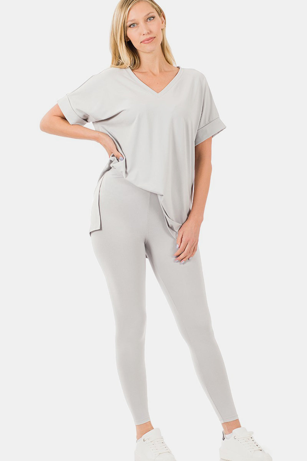 Zenana V-Neck Rolled Short Sleeve T-Shirt and Leggings Lounge Set - Cement