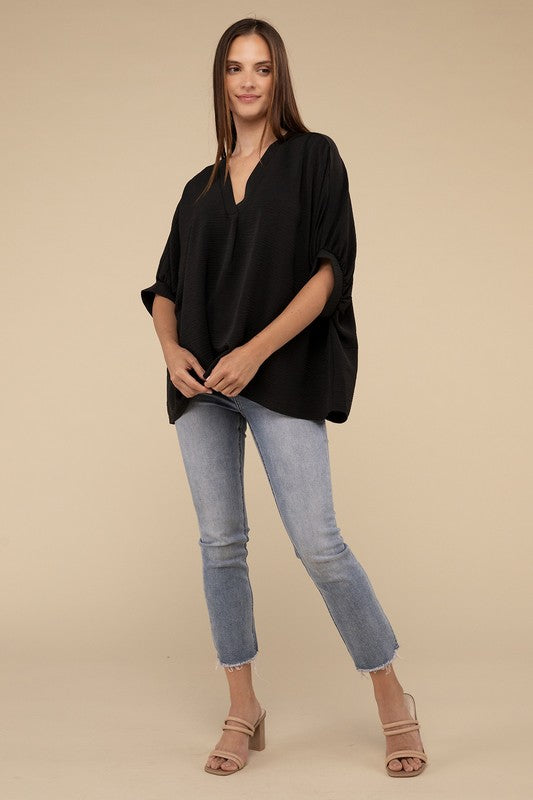 Woven Airflow V-Neck Puff Half Sleeve Top - Zenana