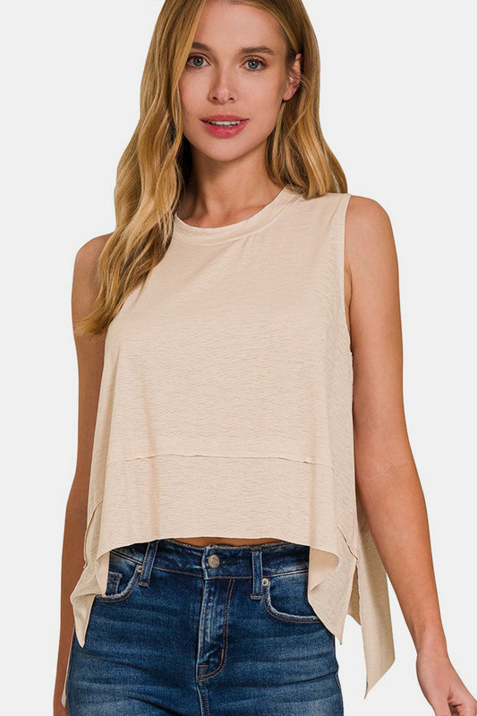 Zenana Exposed Seam Slit Round Neck Tank - Sand Beige