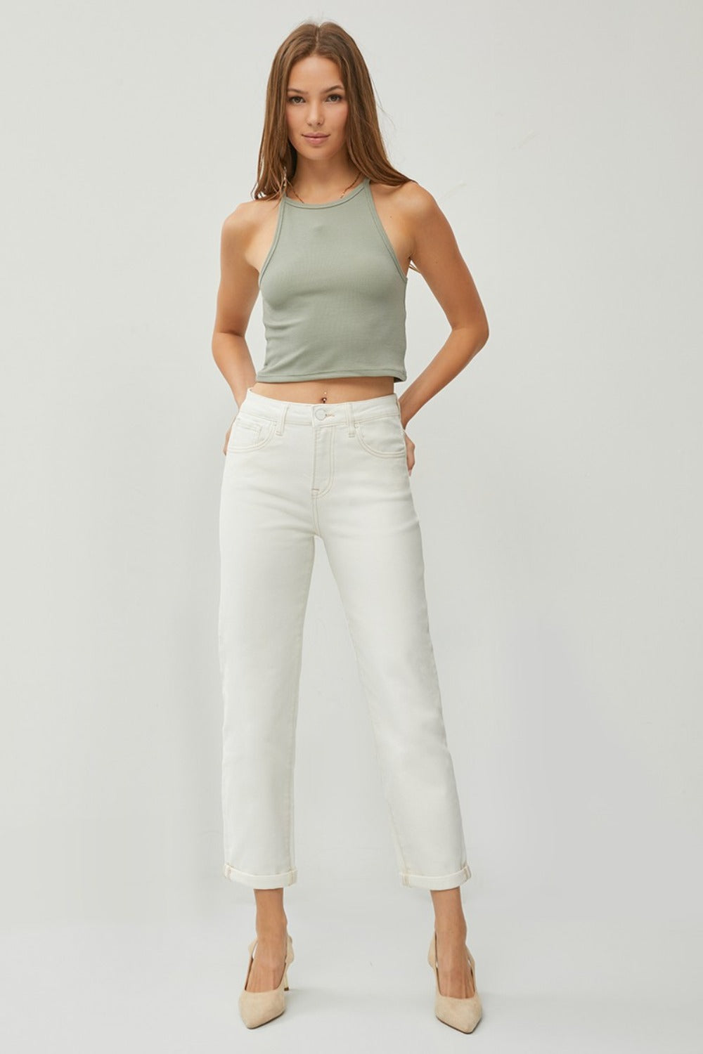 RISEN Full Size High Waist Rolled Hem Straight Jeans - Cream