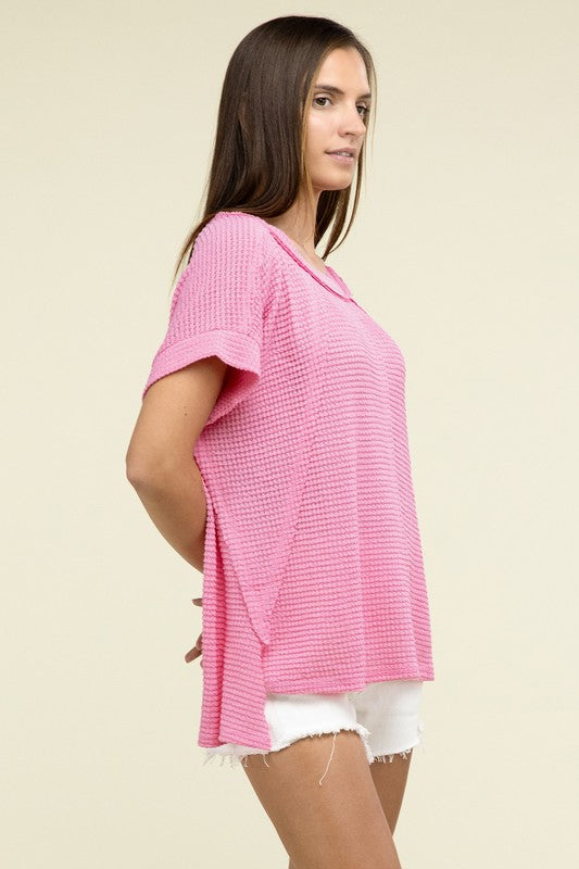 Brushed Waffle Exposed-Seam Short Sleeve Top - Zenana