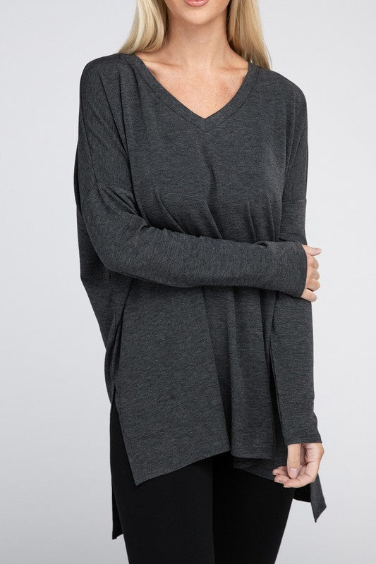 Dolman Long Sleeve V-Neck Side Slit Hi-Low Hem Top - Zenana