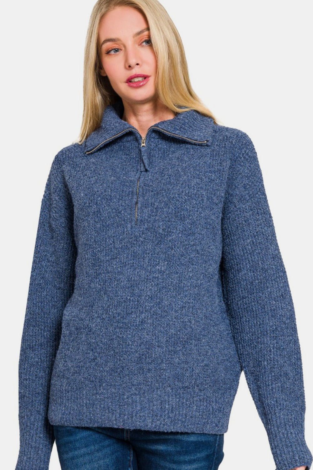 Zenana Half Zip Long Sleeve Sweater - Navy